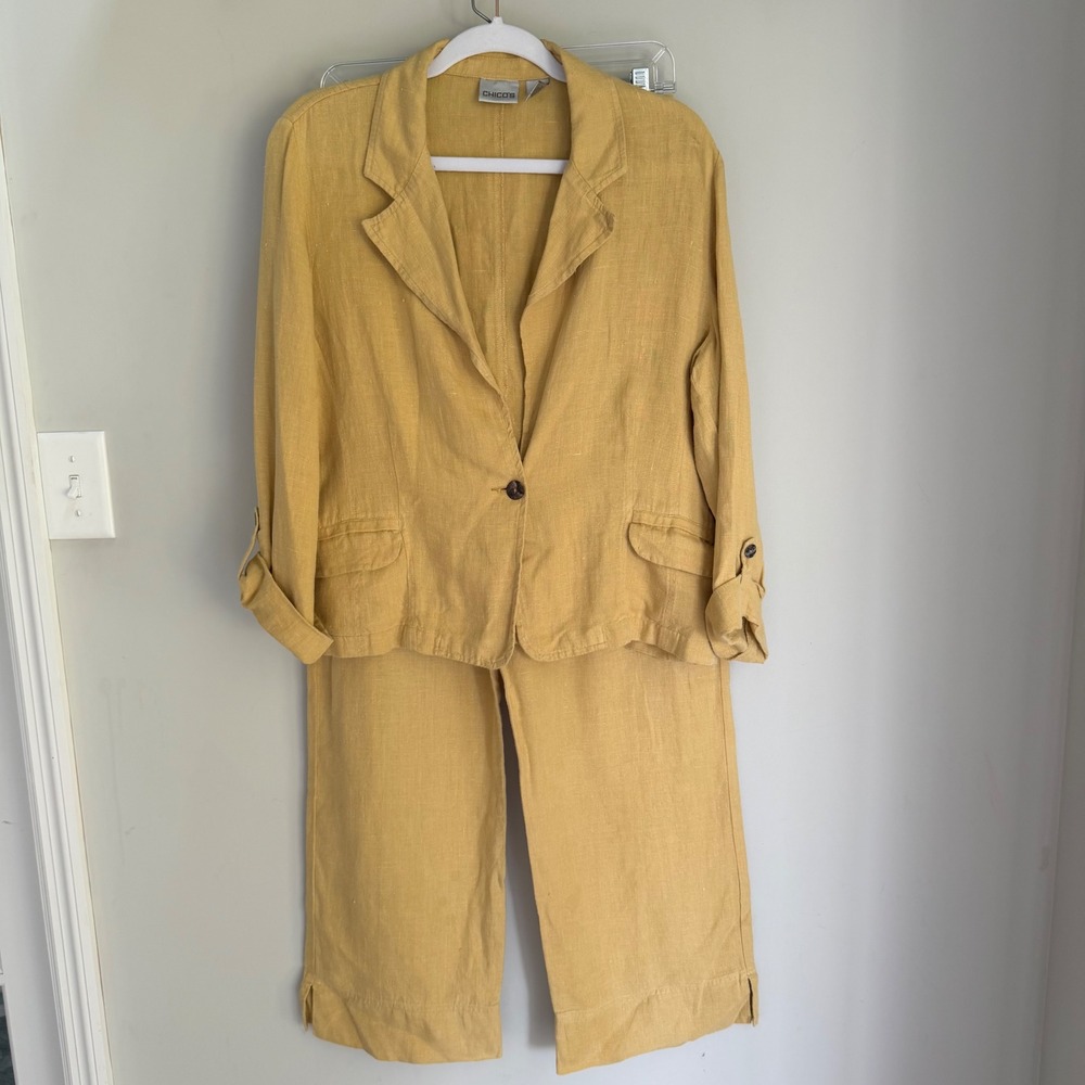 Vintage Chico's 100% Linen Pant Suit Yellow Jacket Wide Leg Pants Size XS / S